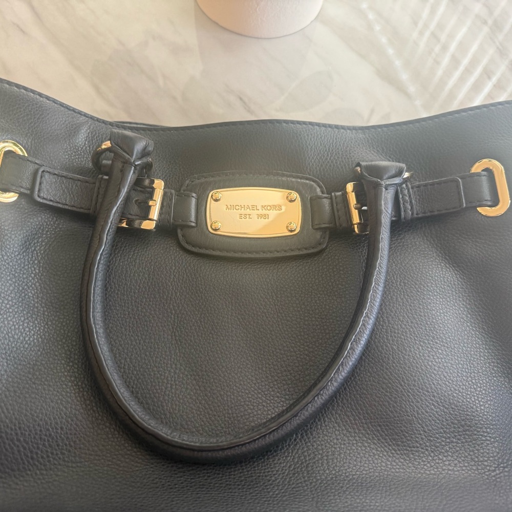 Michael Kors Hamilton Black Leather Satchel Bag with Gold Accents - Picture 3 of 16